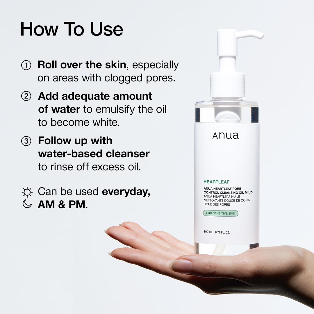 ANUA Heartleaf Pore Cleansing Oil Mild 6.76 fl oz (200ml) - Gentle Face Wash for Sensitive Skin, Oil Cleanser, Makeup and Blackhead Remover, Korean Skin Care, Non-Comedogenic, Fragrance-Free