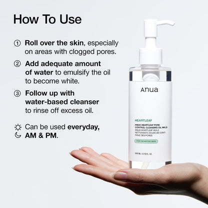 ANUA Heartleaf Pore Cleansing Oil Mild 6.76 fl oz (200ml) - Gentle Face Wash for Sensitive Skin, Oil Cleanser, Makeup and Blackhead Remover, Korean Skin Care, Non-Comedogenic, Fragrance-Free