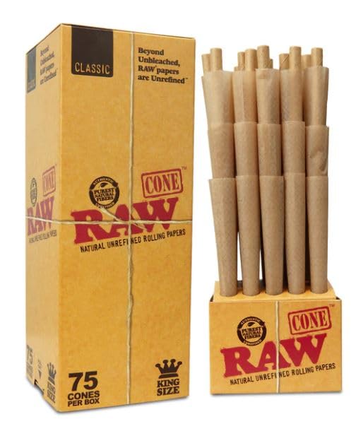 RAW Classic King Size Pre Roll Cones - Unbleached & Natural - 75 Pack | Easy to Fill, Slow Burn, All-Natural Rolling Papers