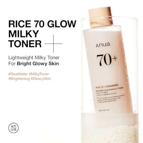 ANUA Rice 70 Glow Milky Toner 8.45 fl oz (250ml) - Hydrating and Brightening Face Toner with Rice Water, Niacinamide, Ceramides, Panthenol, Fragrance-Free, Non-Comedogenic, Suitable for All Skin Types, Korean Skincare