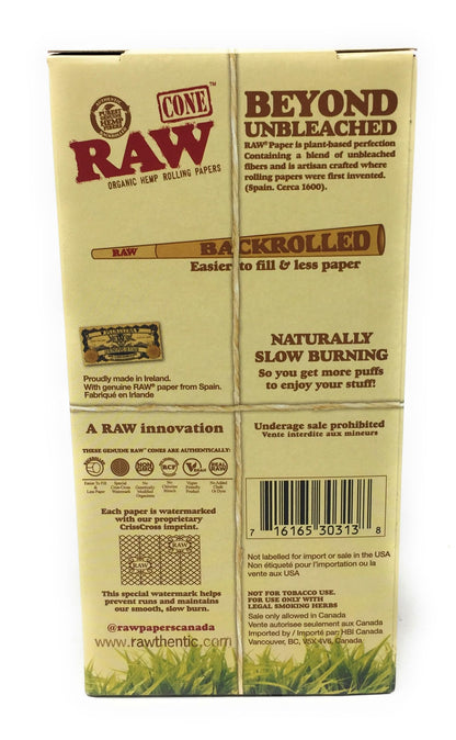 Raw RAW Organic Hemp 1 1/4 Pre Roll Cones With Tips - 75 Cones Per Box