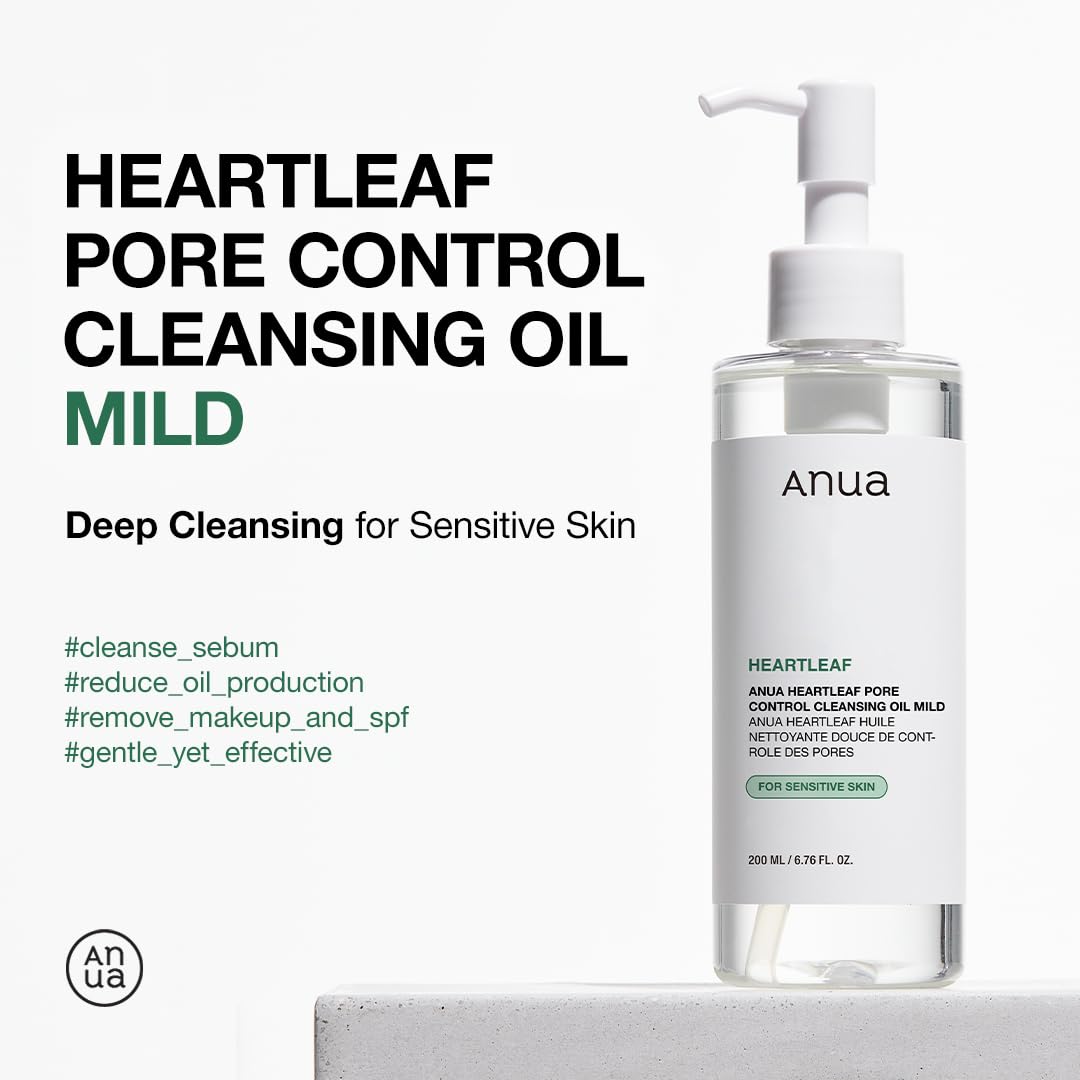 ANUA Heartleaf Pore Cleansing Oil Mild 6.76 fl oz (200ml) - Gentle Face Wash for Sensitive Skin, Oil Cleanser, Makeup and Blackhead Remover, Korean Skin Care, Non-Comedogenic, Fragrance-Free