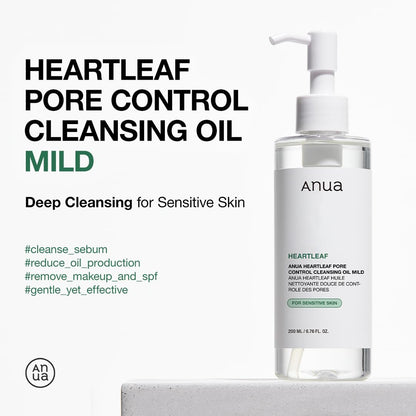 ANUA Heartleaf Pore Cleansing Oil Mild 6.76 fl oz (200ml) - Gentle Face Wash for Sensitive Skin, Oil Cleanser, Makeup and Blackhead Remover, Korean Skin Care, Non-Comedogenic, Fragrance-Free