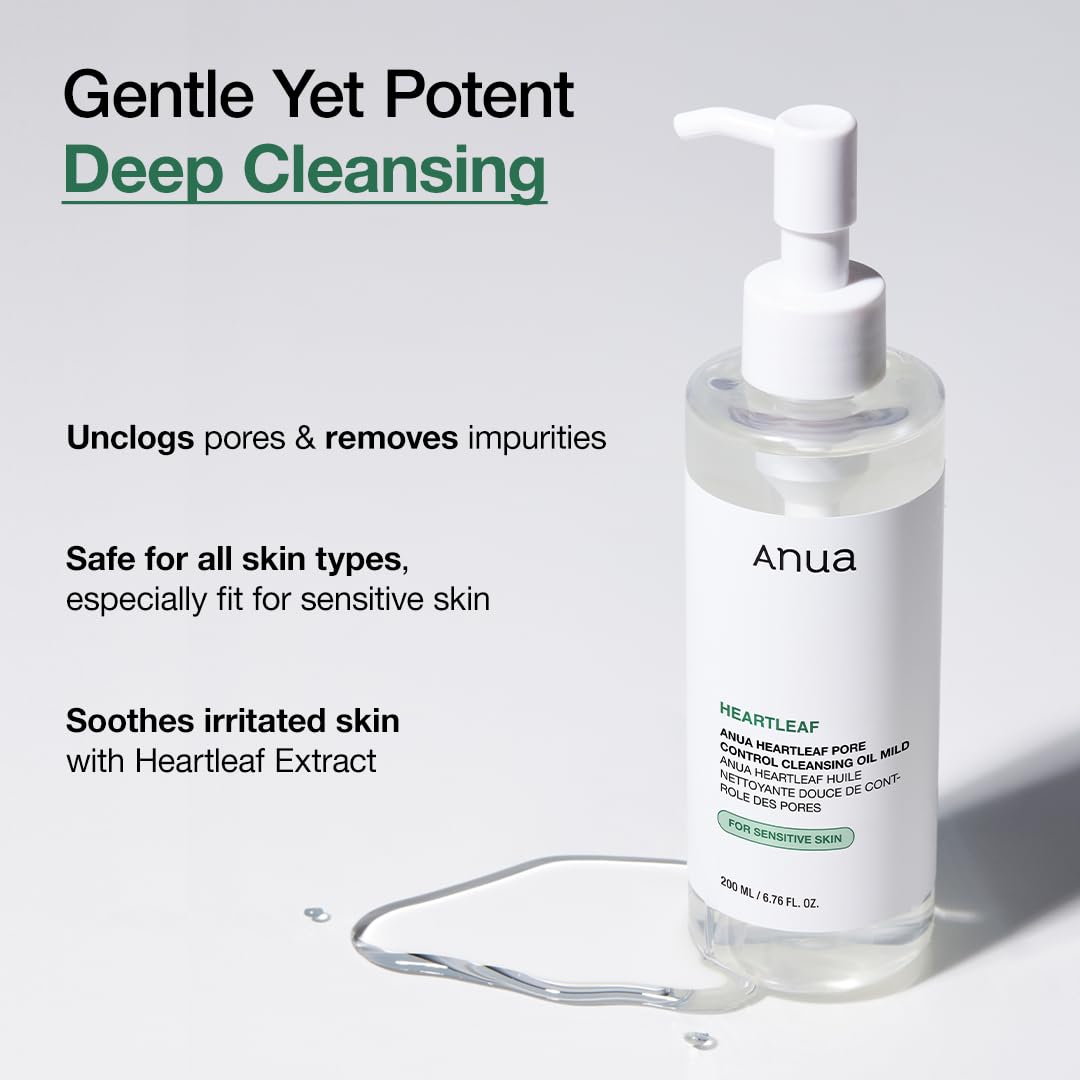 ANUA Heartleaf Pore Cleansing Oil Mild 6.76 fl oz (200ml) - Gentle Face Wash for Sensitive Skin, Oil Cleanser, Makeup and Blackhead Remover, Korean Skin Care, Non-Comedogenic, Fragrance-Free