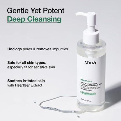 ANUA Heartleaf Pore Cleansing Oil Mild 6.76 fl oz (200ml) - Gentle Face Wash for Sensitive Skin, Oil Cleanser, Makeup and Blackhead Remover, Korean Skin Care, Non-Comedogenic, Fragrance-Free